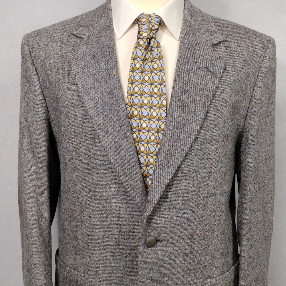 Stafford Men 44R Blazer Jacket Grey Virgin Wool Tweed Leather Elbow Patches